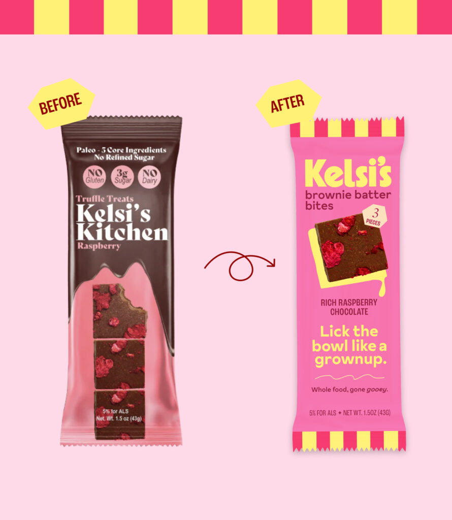The before and after of Kelsi's brownie batter bites from an upgrade on the packaging.