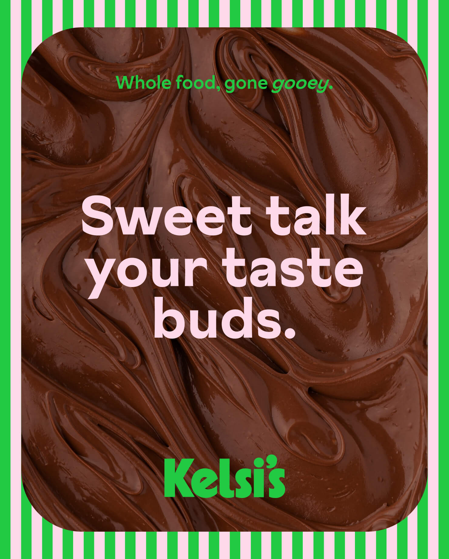 Swirled chocolate from Kelsi's brownie batter over top of a striped background.