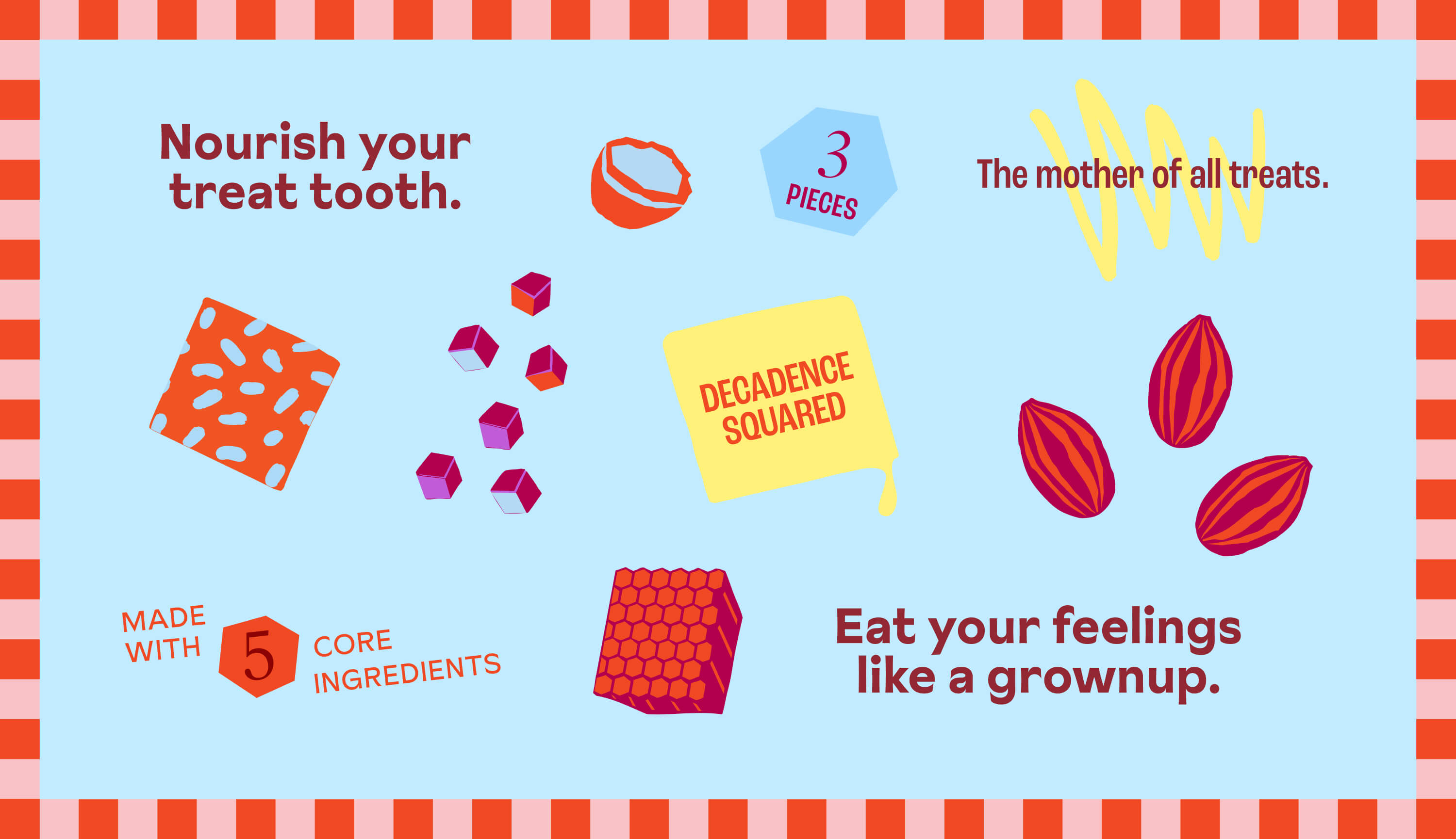 Images of ingredients for Kelsi's bites over a blue and checkered background.